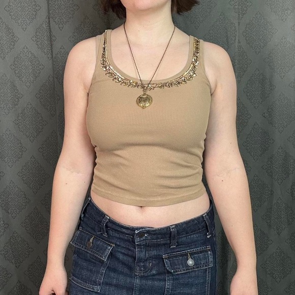 khaki tan beaded tank top - Picture 2 of 5